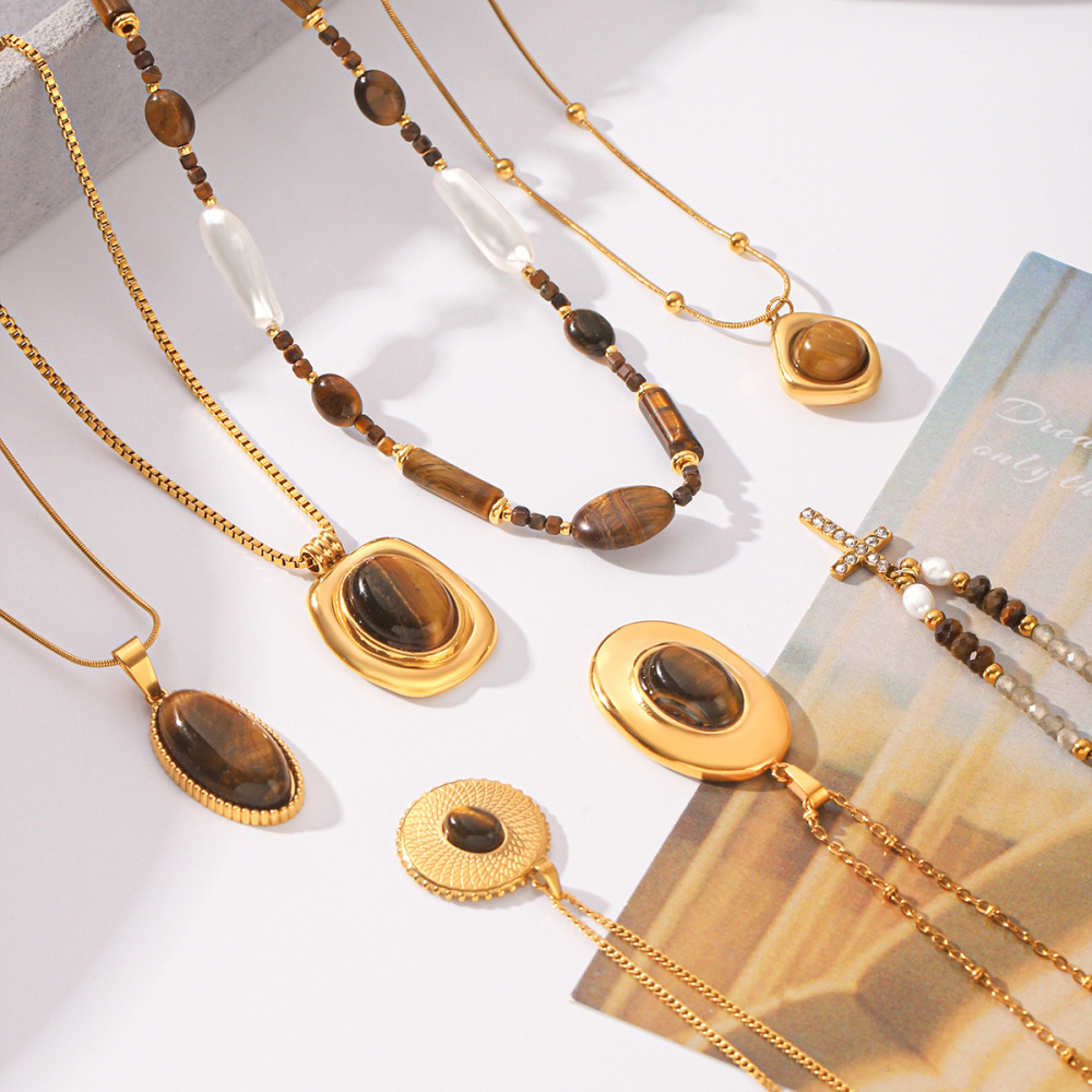 Colliers Pour Femmes Avec Pendentif En Forme De Croix Et D'Ellipse, En Acier Inoxydable, Couleur Or, Pierre Naturelle Et Zircon. Image4