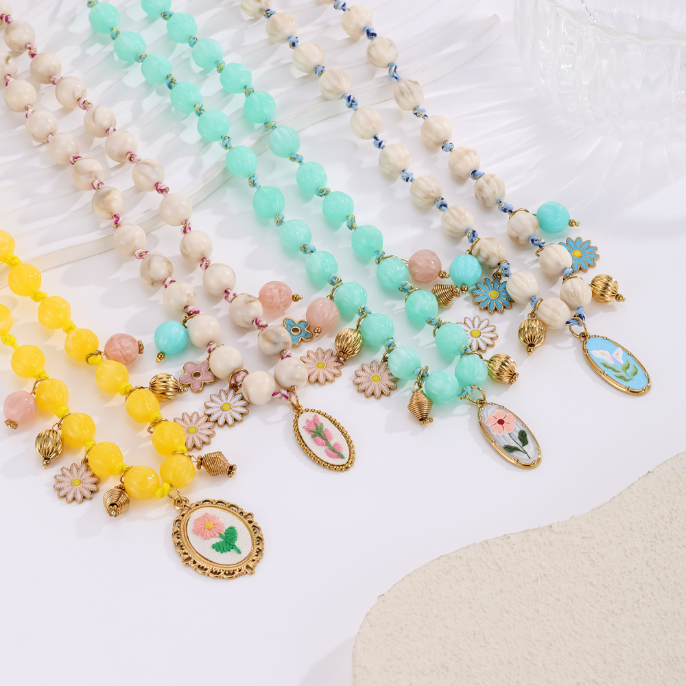 Colliers De Perles Pour Femmes, Collection Romantique, Motif Floral Délicat, Forme Elliptique, Acrylique Couleur Or Image3