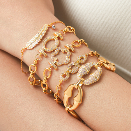 Bracelet chaîne femme en acier inoxydable étanche couleur or avec zircon, forme ellipse florale de luxe pour tous les jours