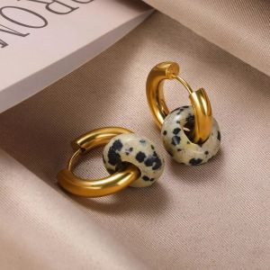 Boucles D'Oreilles Créoles Pour Femmes, Style Rétro, Dégradé De Couleurs, En Acier Inoxydable, Étanches, Couleur Or, Avec Pierre Naturelle. h5 Image4