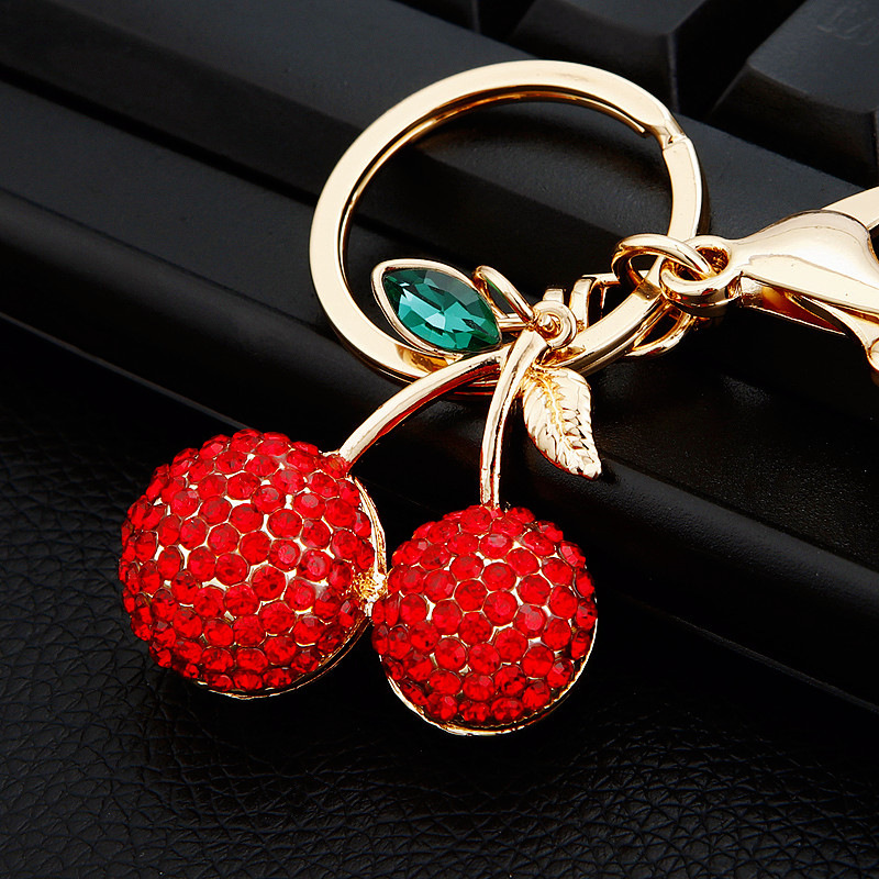 Porte-Clés Luxueux En Alliage De Cerise Et Strass, Couleur Unie, Pour Tous Les Jours. Collection Quotidienne.