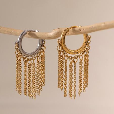 Boucles d'oreilles pendantes pour femme, style décontracté, avec chaîne à pompon, en acier inoxydable étanche, couleur or, collection Simple Series