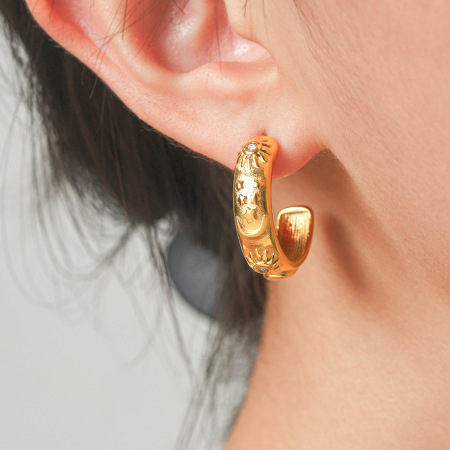 Boucles d'oreilles puces pour femmes, collection rétro, motif soleil, étoile et lune, en acier inoxydable, couleur or, avec zircon. 2