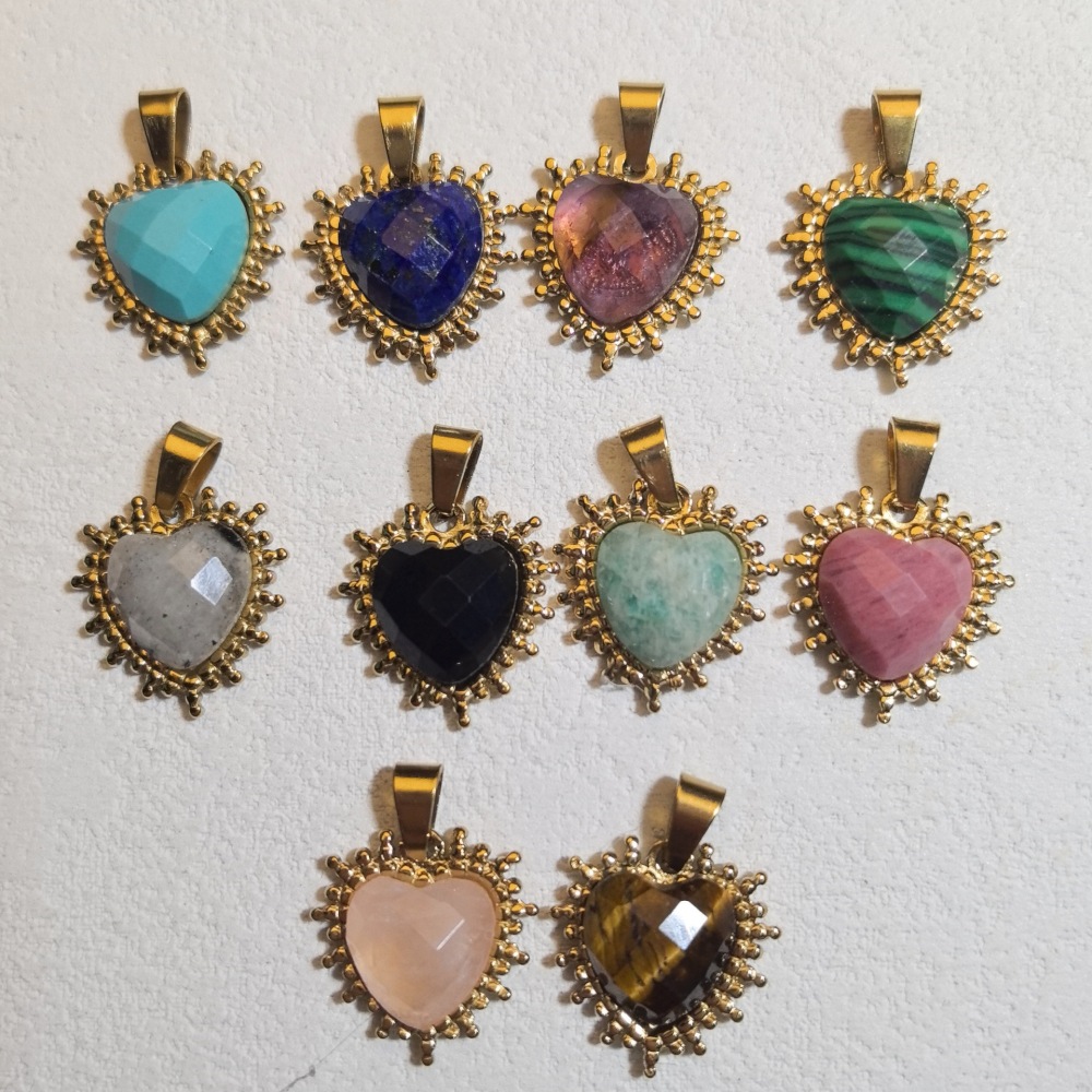 Pendentifs Pour Femmes En Forme De Cœur Avec Pierres Naturelles Couleur Or Image3
