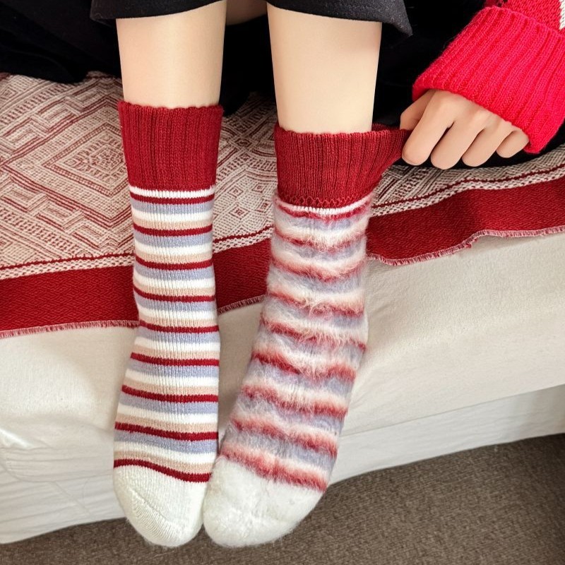 Chaussettes Mi-Mollet Pour Femmes, Motif Géométrique À Rayures, Illustration De Noël h5Image5