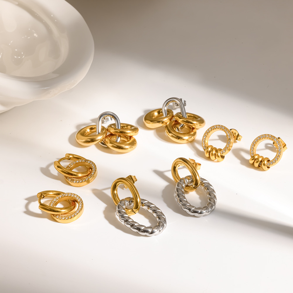 Boucles D'Oreilles Pendantes Pour Femme, En Acier Inoxydable Doré, Imperméables, De Forme Elliptique Et Ornées De Strass. Image2