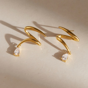 Boucles D'Oreilles Puces Pour Femmes, Collection Simple Series Daily, Lignes Irrégulières, En Acier Inoxydable Étanche, Couleur Or, Avec Zircon. h5 Image3