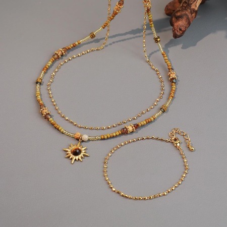 Ensembles de colliers pour femmes, collection rétro classique, perles soleil, pierres naturelles, couleur or 2