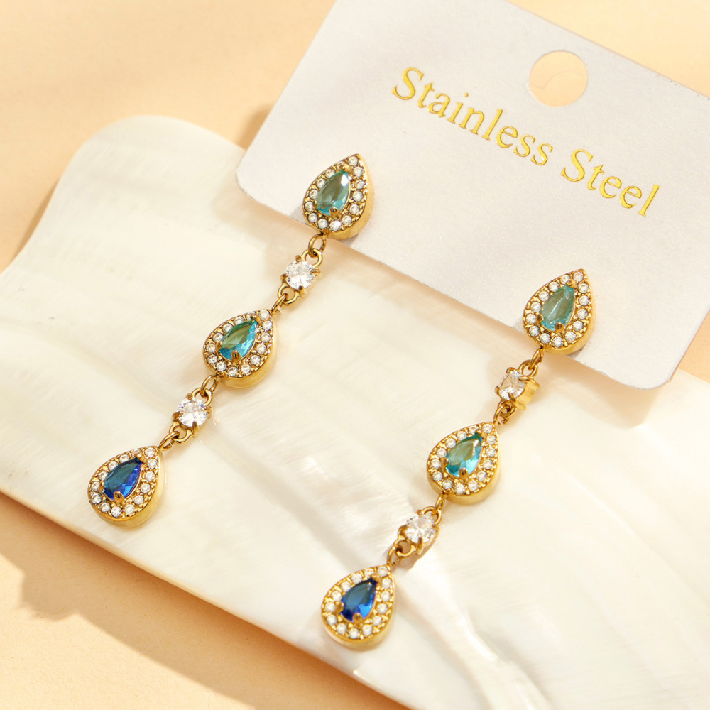 Boucles D'Oreilles Pendantes Pour Femme, En Acier Inoxydable Doré, Ornées De Zircon Et De Pierres De La Série Luxueuse Droplet Image3