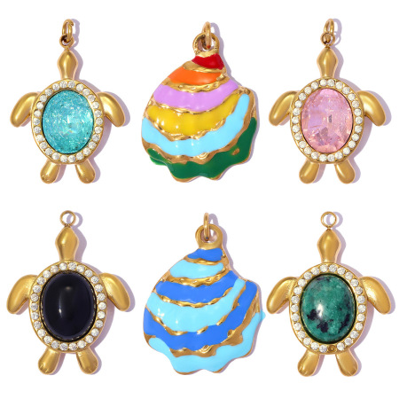 Pendentif femme style vacances océanique, en acier inoxydable émaillé, couleur or, orné de strass et de zircon naturel