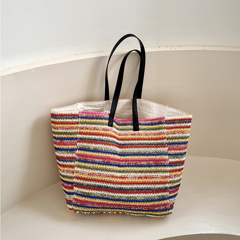 Sacs À Bandoulière Femme En Raphia Tissé À Rayures Multicolores Style Décontracté Image3