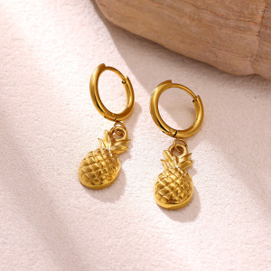 Boucles D'Oreilles Créoles Pour Femmes, Style Rétro, Forme Irrégulière, Motif Fruit, En Acier Inoxydable, Étanches, Couleur Or, Collection Simple Series h5 Image4
