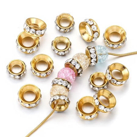 Perles d'espacement en acier inoxydable massif, étanches et or avec strass