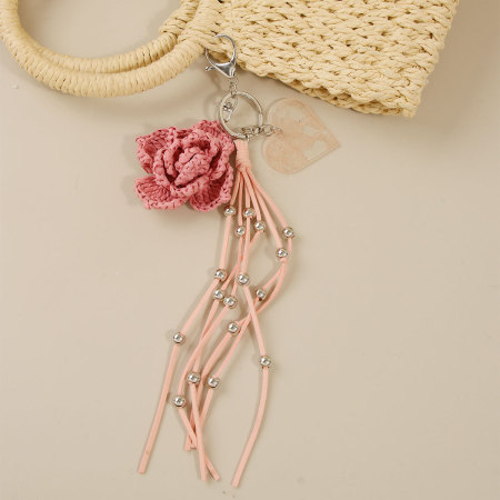Breloques de sac en raphia tissé, couleur unie, à pompon, style décontracté, motif floral simple