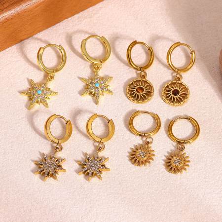 Boucles d'oreilles pendantes pour femme, style rétro, forme irrégulière, soleil, en acier inoxydable étanche, couleur or, collection Simple Series