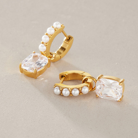 Boucles d'oreilles pendantes pour femme, collection Luxueuse, style patchwork simple, rectangulaires, en acier inoxydable, étanches, couleur or, avec zircon.