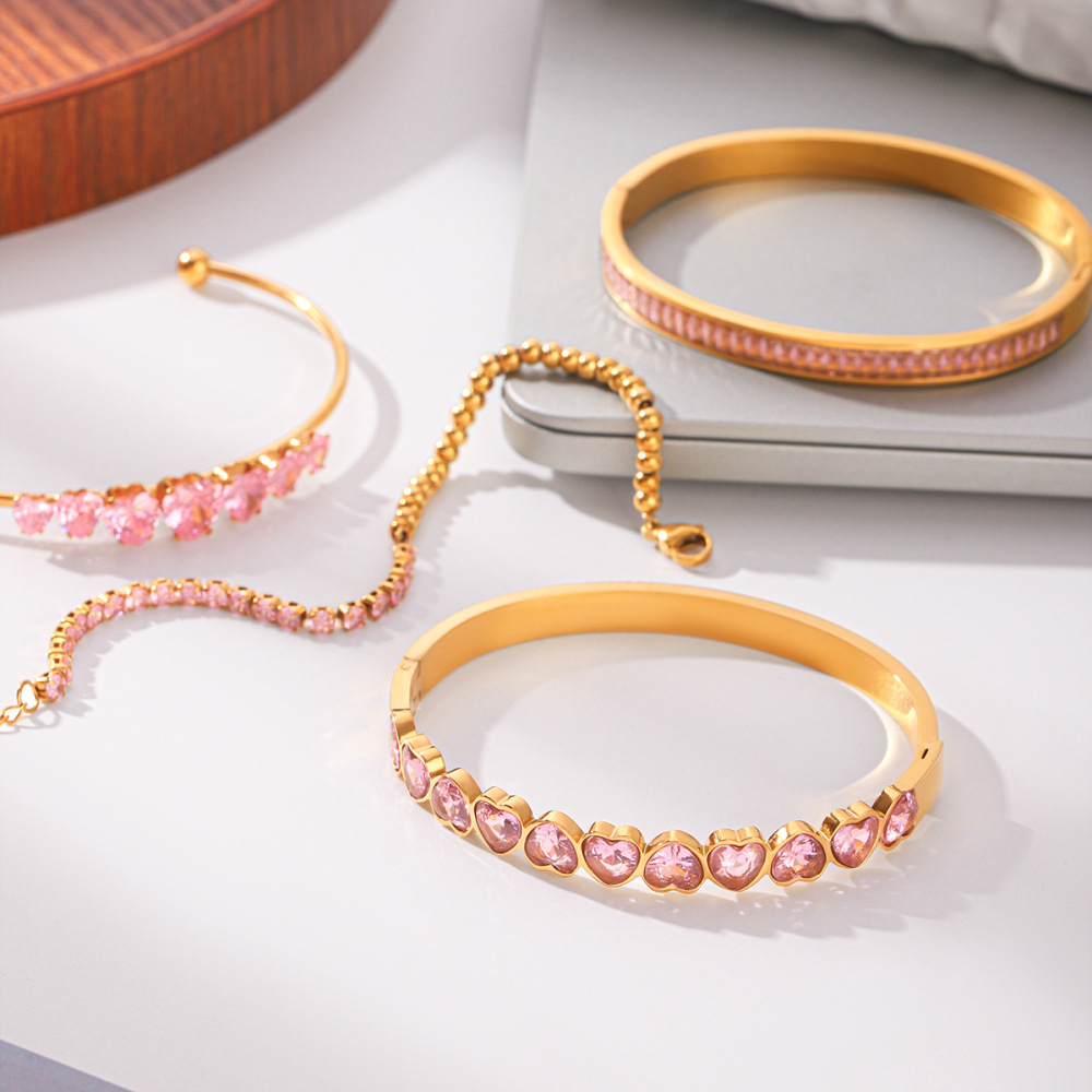 Bracelet Jonc Pour Femme En Acier Inoxydable Doré, Étanche, En Forme De Cœur Et D'Ellipse, Orné De Zircon, Collection Luxe Daily Image6