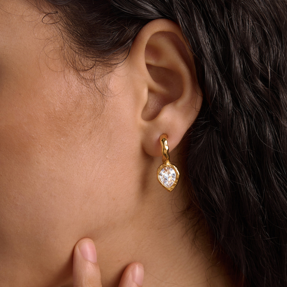 Boucles D'Oreilles Pendantes Pour Femme, En Acier Inoxydable Imperméable, Couleur Or, Motif Cœur Et Marteau, Ornées De Zirconiums, Collection Luxueuse. Image2
