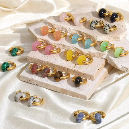 Boucles d'oreilles créoles pour femmes, style rétro, dégradé de couleurs, en acier inoxydable, étanches, couleur or, avec pierre naturelle.