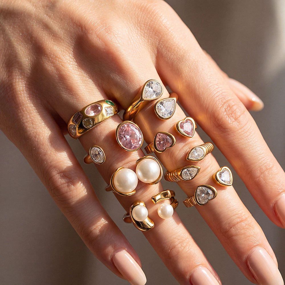 Bagues Pour Femmes En Acier Inoxydable Étanche, Forme Irrégulière, Ornées De Zircon Et Serties De Pierres Précieuses, Collection Luxe. Image3