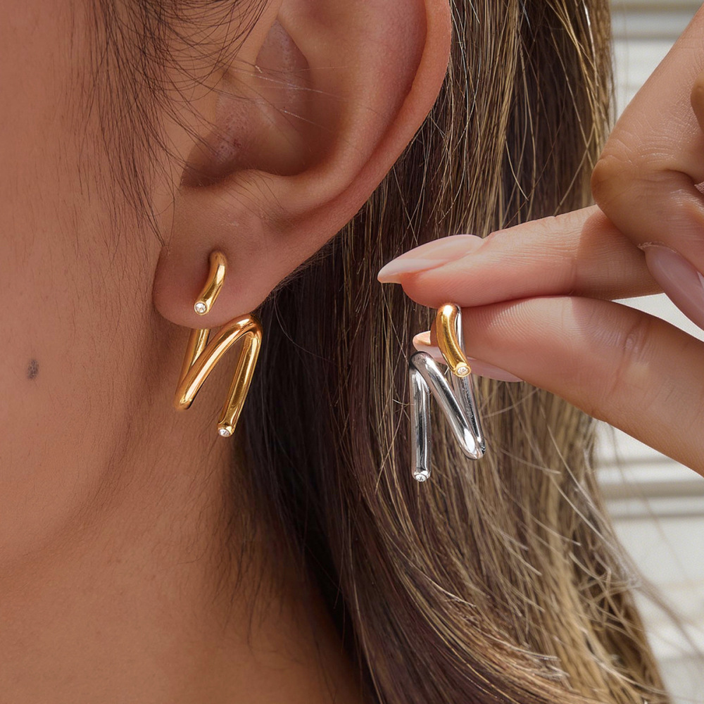 Boucles D'Oreilles Puces Pour Femmes, Collection Simple Series Daily, Lignes Irrégulières, En Acier Inoxydable Étanche, Couleur Or Image3