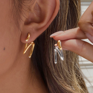 Boucles D'Oreilles Puces Pour Femmes, Collection Simple Series Daily, Lignes Irrégulières, En Acier Inoxydable Étanche, Couleur Or h5 Image3