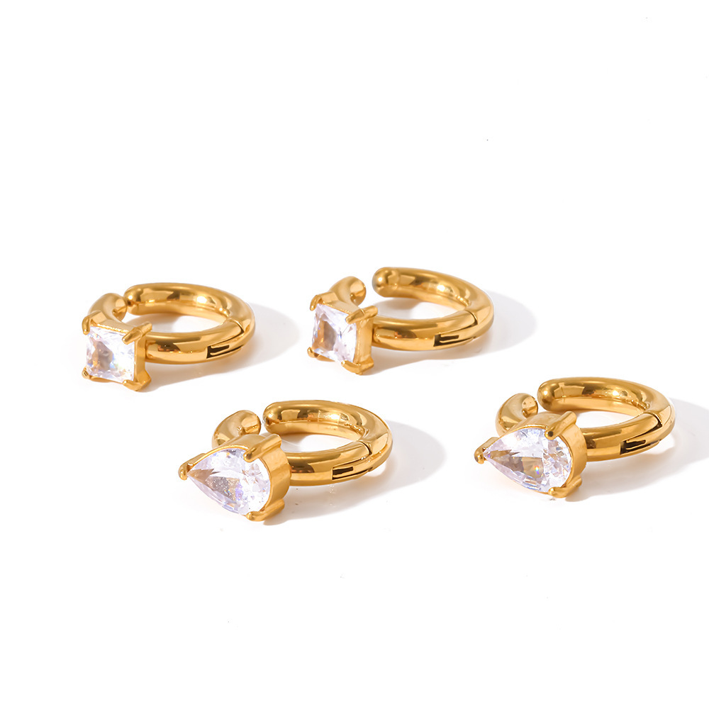 Boucles D'Oreilles Créoles Pour Femmes, Forme Géométrique Goutte D'Eau, En Acier Inoxydable Étanche, Couleur Or, Avec Zircon. Collection Simple. Image4