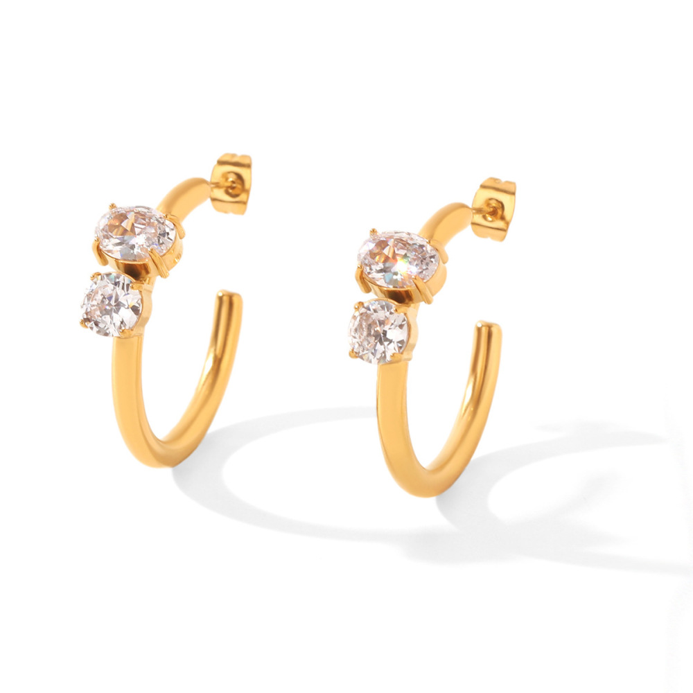 Boucles D'Oreilles Puces Pour Femmes Simple Series Daily Lines En Acier Inoxydable Étanche Couleur Or Et Zircon Image6