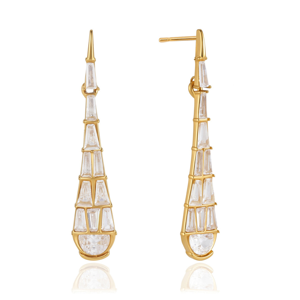 Boucles D'Oreilles Puces Pour Femmes, Élégantes Et Raffinées, En Acier Inoxydable Doré, Ornées De Zircon Et De Motifs En Gouttelettes. Collection Luxueuse. Image4