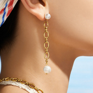 Boucles D'Oreilles Pendantes Pour Femme, Style Patchwork Décontracté, En Acier Inoxydable, Couleur Or, Ornées De Perles. Collection Simple Series. h5 Image4