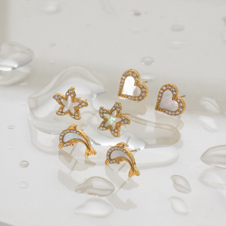 Boucles d'oreilles puces pour femmes, collection Simple, en forme de cœur et d'étoile de mer, en acier inoxydable étanche, couleur or. 2