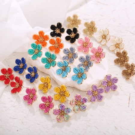 Boucles d'oreilles créoles en raphia, collection romantique Sweet Flower, couleur unie, motif vacances à la mer, style bord de mer