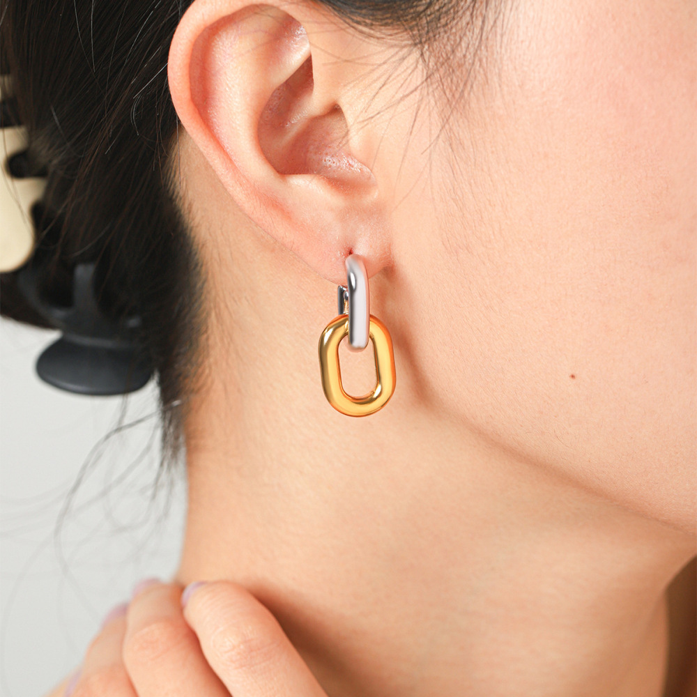 Boucles D'Oreilles Puces Pour Femmes, En Acier Inoxydable, Couleur Or, Forme Elliptique, Collection Simple Series Daily. Image4