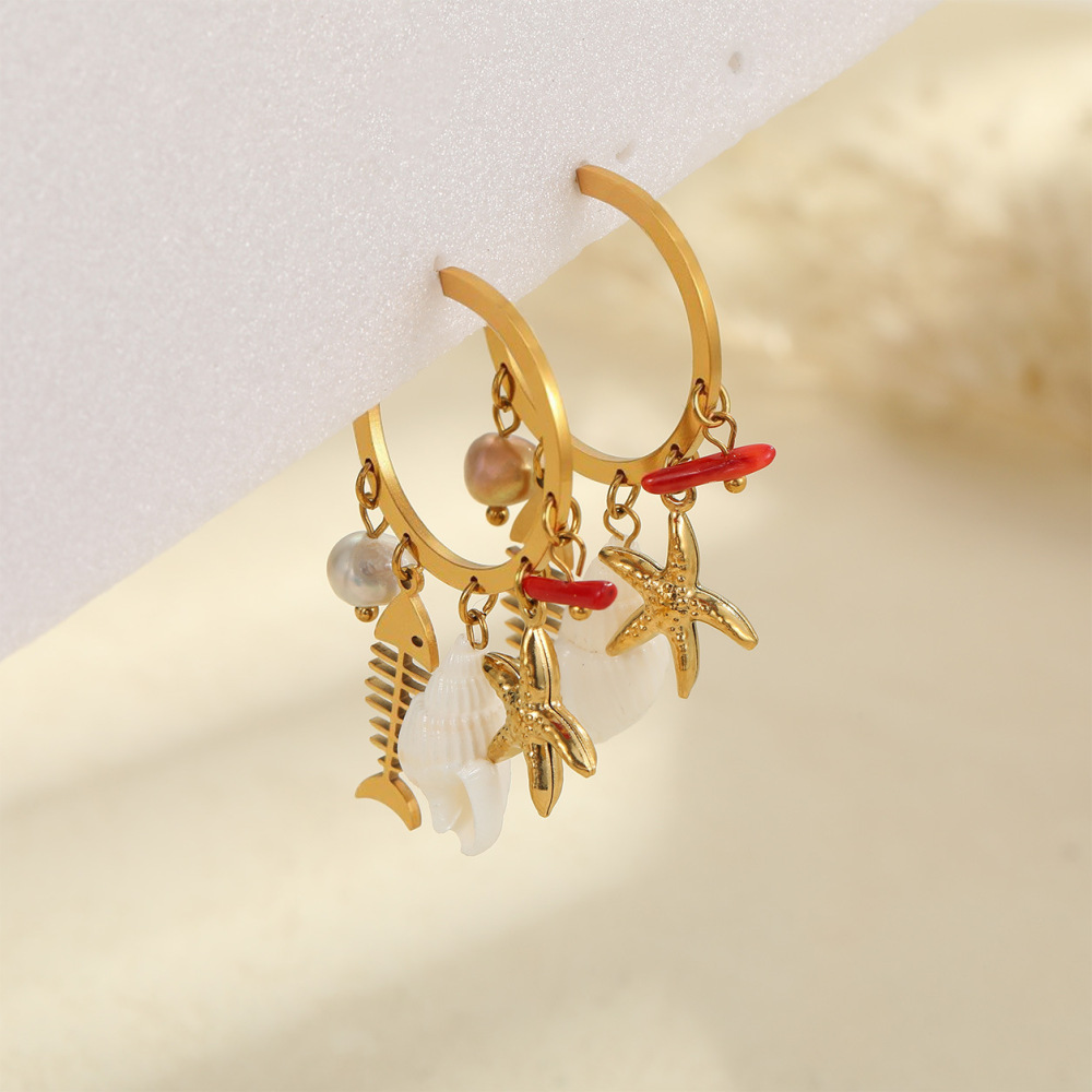 Boucles D'Oreilles Pendantes Pour Femme, Style Océanique, Motif Poisson, Étoile De Mer Et Corail, En Acier Inoxydable Étanche, Collection Simple Series. Image3