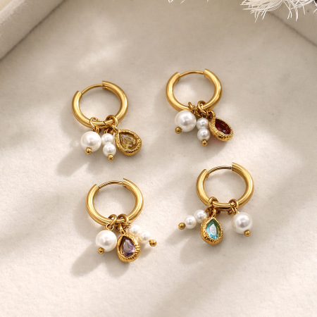 Boucles d'oreilles créoles pour femmes, collection Romantic, perles Daily Droplet, en acier inoxydable étanche, couleur or.
