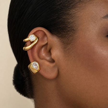 Boucles d'oreilles manchette pour femmes, style punk, forme géométrique, acier inoxydable, couleur or, imperméables, ornées de strass. 2