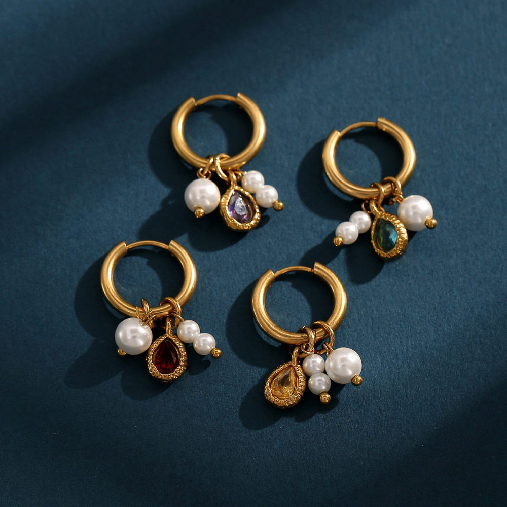 Boucles D'Oreilles Créoles Pour Femmes, Collection Romantic, Perles Daily Droplet, En Acier Inoxydable Étanche, Couleur Or. Image4