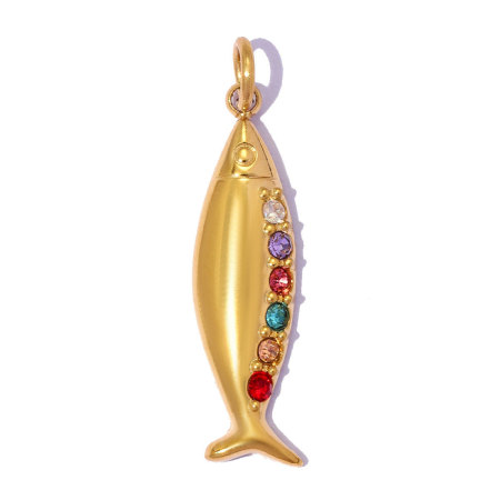 Pendentif femme style océanique, poisson, acier inoxydable étanche, couleur or, strass 2