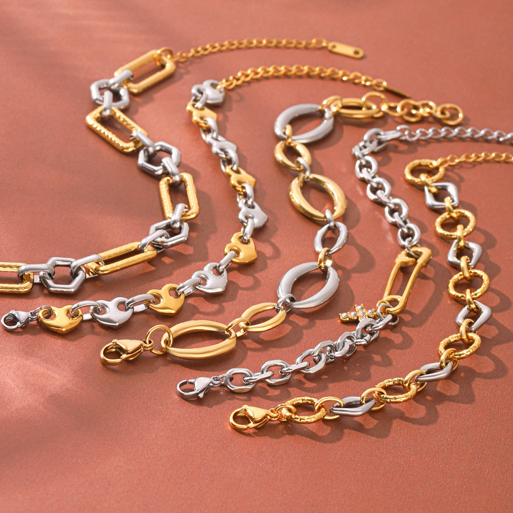 Bracelet Chaîne Simple Pour Femme, Forme Elliptique, En Acier Inoxydable, Couleur Or, Avec Zircon, Idéal Pour Un Usage Quotidien. h5Image5