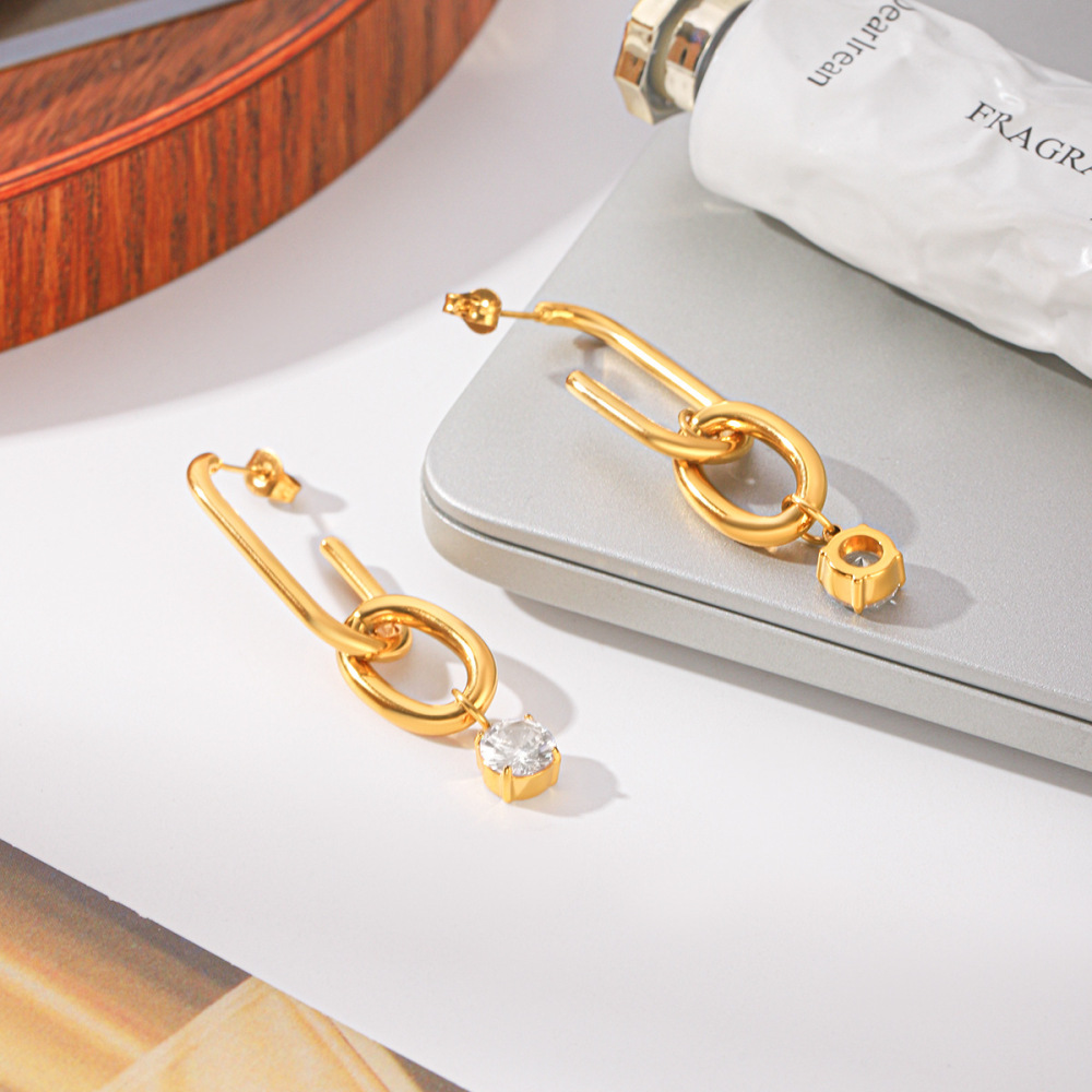 Boucles D'Oreilles Pendantes Pour Femmes En Acier Inoxydable Étanche, Couleur Or, Avec Zircon. Image4