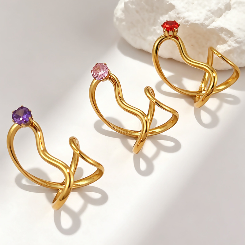 Bagues Pour Femmes En Acier Inoxydable De Forme Simple Et Irrégulière, Étanches, Couleur Or, Serties De Zircon. Image3