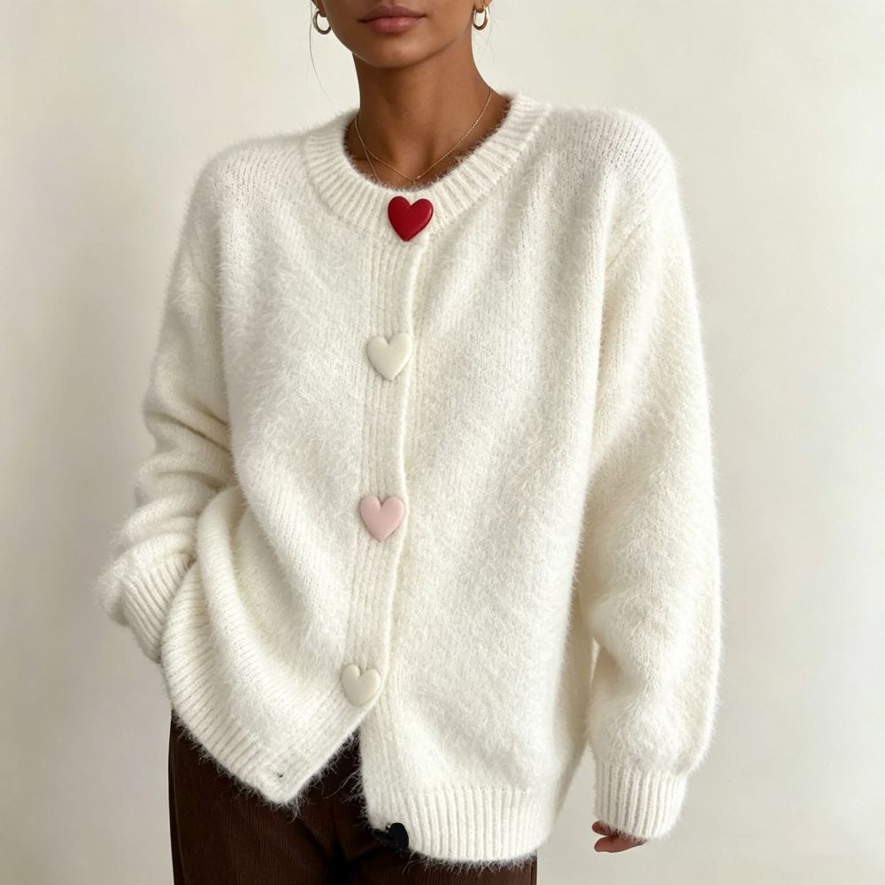 Cardigan Élégant En Maille Droite, Couleur Unie, Bouton En Forme De Cœur Image2