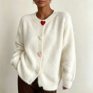 Cardigan Élégant En Maille Droite, Couleur Unie, Bouton En Forme De Cœur h5 Image2