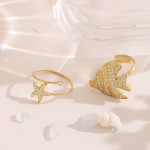 Bagues En Acier Inoxydable Doré, Style Océan, Ornées De Strass, Motif Poisson Et Océan. h5 Image3