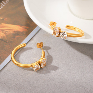 Boucles D'Oreilles Puces Pour Femmes Simple Series Daily Lines En Acier Inoxydable Étanche Couleur Or Et Zircon h5 Image5
