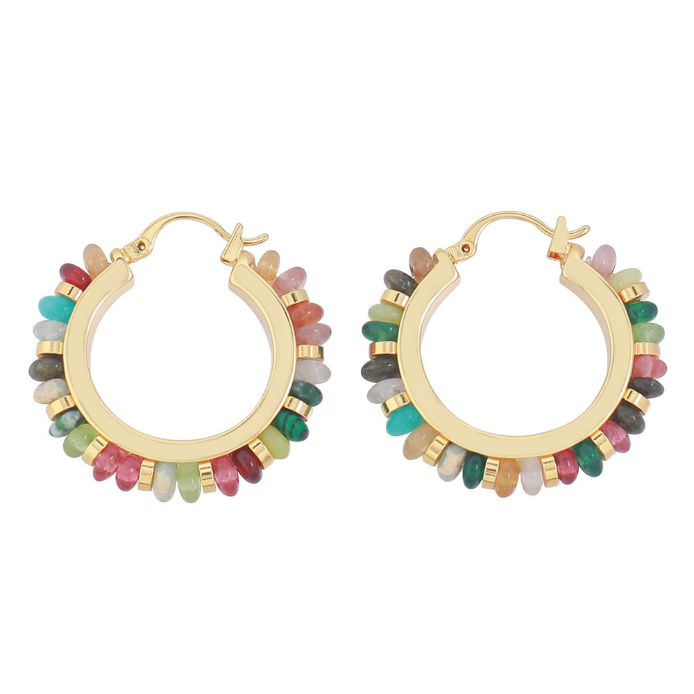 Boucles D'Oreilles Créoles Pour Femmes, Perles Rondes Couleur Cuivre Doré Et Pierres Naturelles
