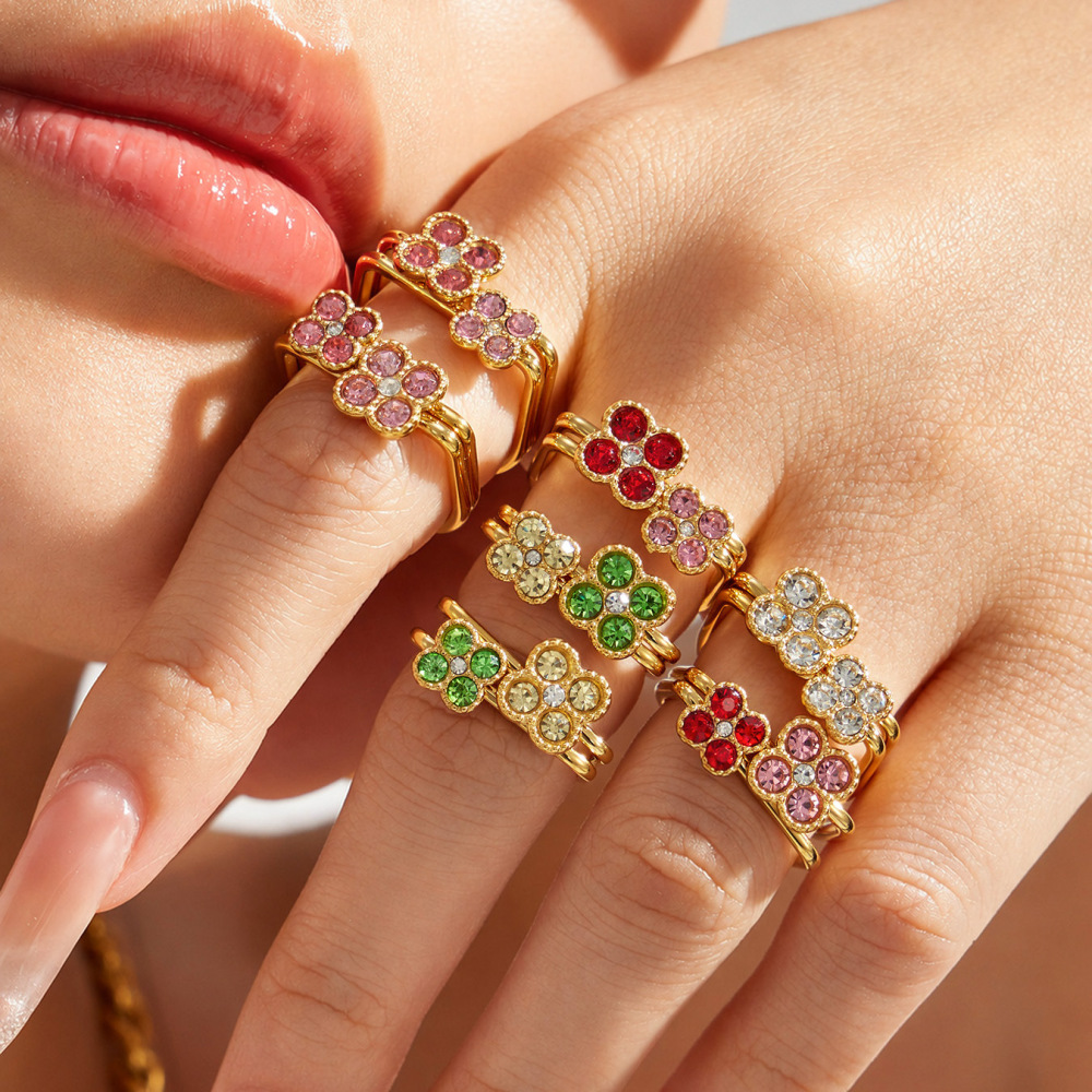 Ensembles De Bagues Romantiques Sweet Flower En Acier Inoxydable Étanche Couleur Or Et Zircon Image3