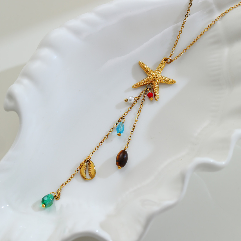 Collier Pendentif Femme Simple Series Vacation Chain Étoile De Mer Corail Acier Inoxydable Étanche Image4