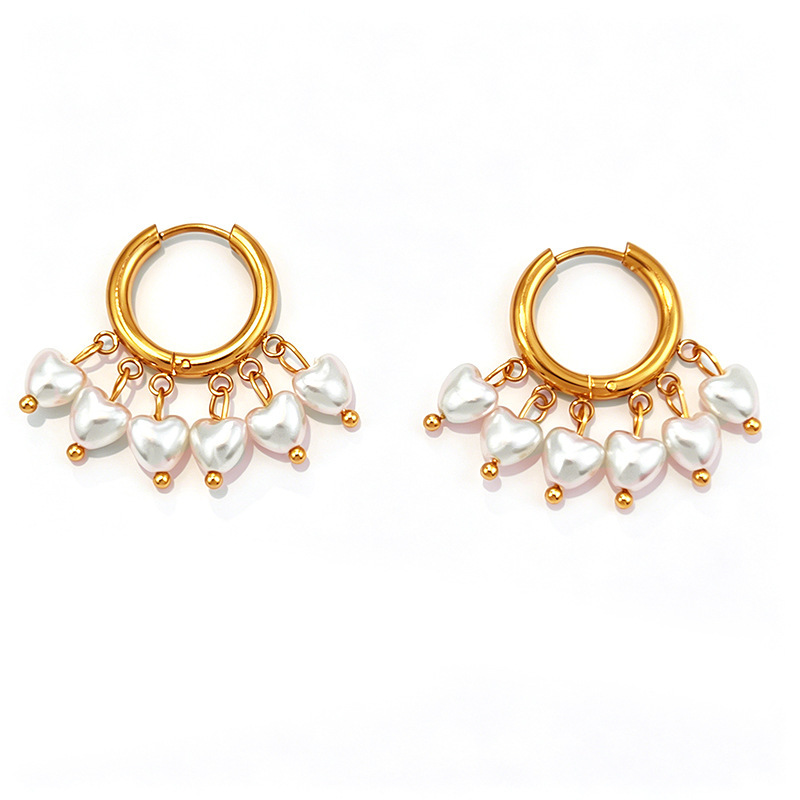 Boucles D'Oreilles Créoles Élégantes En Forme De Cœur Avec Pompon, En Acier Inoxydable Imperméable, Couleur Or Et Perles Artificielles, Collection Romantique h5Image4
