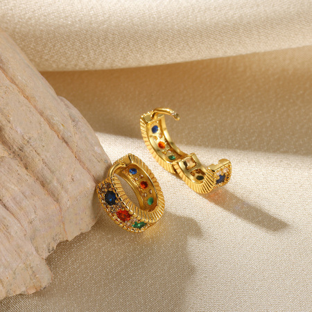 Boucles d'oreilles créoles pour femmes, collection Luxueuse, lignes simples, couleur cuivre doré, zircon. 2